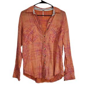 Free People Shore Vibes Orange Sun Lightweight Plaid Long Sleeve Shirt - XS